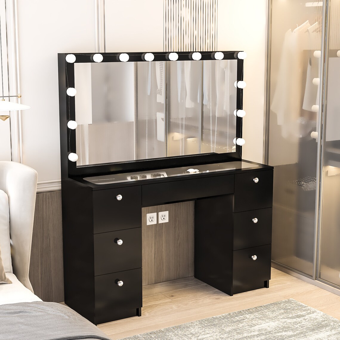 Boahaus Yara Lighted Modern Vanity Table Black Finish for Etsy