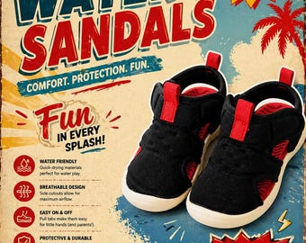 Toddler Water Sandals | Black & Red Kids Beach Shoes | Lightweight Slip-On Summer Sandals | Size 8 Toddler| beach pool ready| kids water
