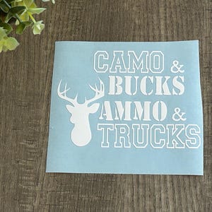 Camo Bucks Ammo and Trucks Vinyl Decal perfect applied to truck window, hunting case, bow case, car window, tool box, gifts for him