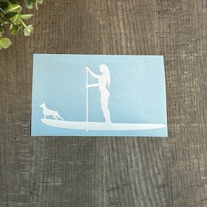 Paddle board Girl SUP  and dog vinyl decal, laptop decal, car window decal, surfer decal, womans surfing, tumbler,mug, tumbler,beach decal
