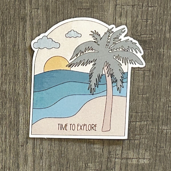 Time to Explore Tropical Adventure Sticker - Ocean Waves, Sun, Palm Tree - Neutral Colors