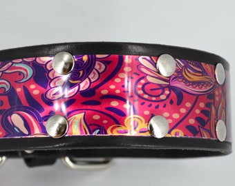 Boho Floral Pink and Purple Shiny Leather and Metal Dog Collar 2 Inches Wide Also Available in 1 Inch Wide