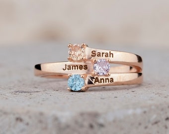 1 2 3 Birthstone Ring, Name Engraved Ring, Real Silver Mother Ring, Handmade Jewelry, Family Ring, Dainty Ring, Personalized Gift, Summer