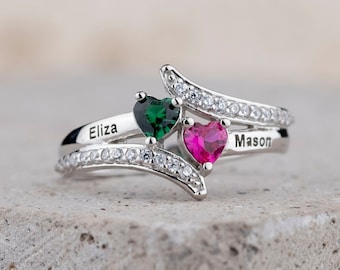 Anillo de piedra de nacimiento de corazón curvo de promesa personalizada, banda de diamante infinito 2 anillo grabado de nombre, regalo de Navidad, anillo familiar, joyería hecha a mano