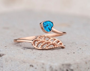 Sterling Silver Angel Wing Ring, Heart Birthstone, Handmade Jewelry