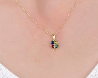 Four-leaf Clover Birthstone Necklace, Heart Cut Necklace, Mother Necklace, Handmade Jewelry, Family Gift, Personalized Gift, Bridesmaid Gift