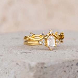 Hexagon Cut Engagement Set Ring, Vintage Style Wedding 2 Ring Set, Handmade Jewelry, Mother Family Ring, Personalized Gift, Bridesmaid Gift
