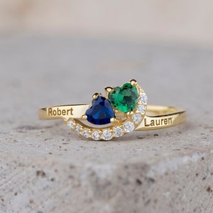 Personalized Promise 2 Heart Cut Birthstone Ring, Two Name Engraved Ring, Real Silver Mother Ring, Handmade Jewelry, Family Ring, Mom Gift