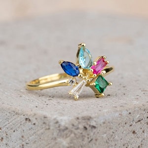 4 Birthstones Ring, Pear Ring, Baguette Birthstone, Marquise & Square Cut Mother Ring, Handmade Jewelry, Christmas Gift, Personalized Gift