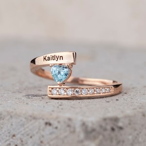 Heart Cut Birthstone Ring, Name Engraved Ring, Silver Mothers Ring, Handmade Jewelry, Family Ring, Dainty Ring, Personalized Christmas Gift