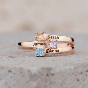 1 2 3 Birthstone Ring, Name Engraved Ring, Real Silver Mother Ring, Handmade Jewelry, Family Ring, Dainty Ring, Personalized Gift, Summer