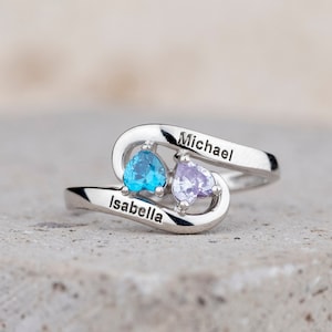 Personalized Promise Two Heart Cut Birthstone Ring, Eternity Curved Band 2 Name Engraved Ring, Silver Mother Family Ring, Handmade Jewelry