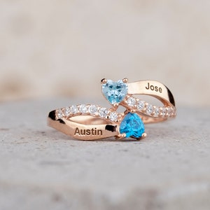 Personalized Promise Two Heart Cut Birthstone Ring, Eternity Diamond Band 2 Name Engraved Ring, Silver Mother Family Ring, Handmade Jewelry