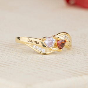Two Heart Birthstone & Two Names Engraved Ring, Sterling Silver Mother Ring, Handmade Jewelry, Family Ring, Dainty Ring, Personalized Gift