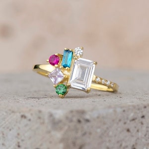 5 Birthstones Ring, Baguette Ring, Square Cut Birthstone, Sterling Silver Mother Ring, Handmade Jewelry, Christmas Gift, Personalized Gift