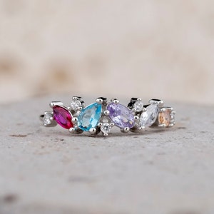 5 Multi Birthstone Ring, Minimalist Ring, Sterling Silver Mothers Ring, Handmade Jewelry, Wedding Ring, Personalized Gift, Summer Jewelry