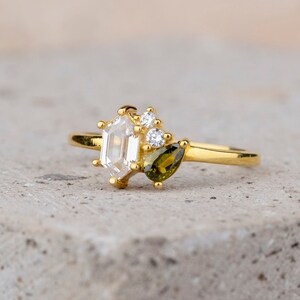 Hexagon Cut Stone Ring, Pear Birthstone Ring, Sterling Silver Mothers Ring, Handmade Jewelry, Family Ring, Dainty Ring, Personalized Gift