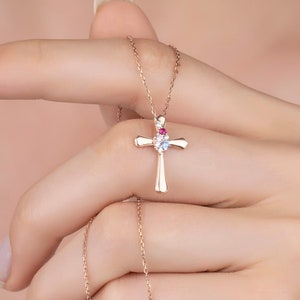 Birthstone Handmade Necklace, Cross Necklace, Dainty Birthstone Cross Necklace, Mothers Necklace, Christian Gift, Cross Pendant, Summer Gift