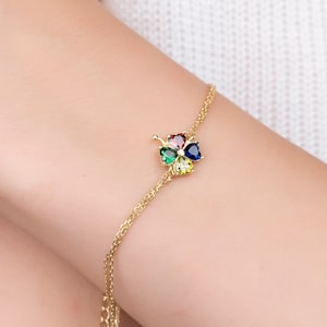 Four-leaf Clover Birthstone Bracelet, Heart Cut Bracelet, Mother Bracelet, Handmade Jewelry, Family Gift, Personalized Gift, Bridesmaid Gift