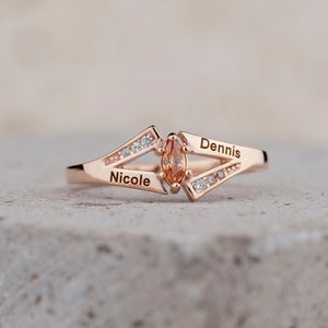 Marquise Birthstone Ring, Diamond Band 2 Name Engraved Ring, Real Silver Mother Ring Handmade Jewelry, Family Ring, Personalized Summer Gift