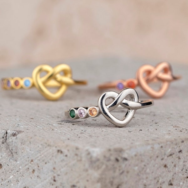 2 3 4 Birthstones Ring, Heart Loop Shape Dainty Ring, Silver Mother Ring, Handmade Jewelry, Family Ring, Personalized Gift, Christmas Gift