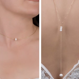 Pearl Back Drop Necklace, Bridal Back Necklace, Wedding Pearl Necklace, Back Chain Pendant, Body Chain, Sterling Silver Gift Bridal Summer