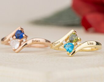 Promise Two Name Engraved Ring, Customizable Two Heart Cut Birthstone Ring, Real Sterling Silver Ring, Handmade Jewelry, Gift for Mother Day