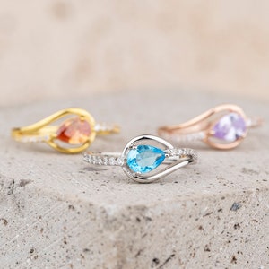 Curved Single Birthstone Ring, Pear Cut Birthstone Ring, Sterling Silver Mothers Ring, Handmade Jewelry, Family Ring, Personalized Gift