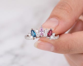 Marquise Birthstone Ring, Sterling Silver 3 Stone Mothers Ring, Personalized Gift