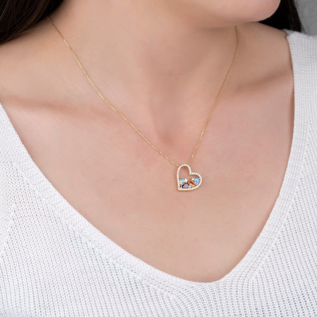 Heart Birthstone Necklace, Multi-gemstone Necklace, Mother Necklace ...