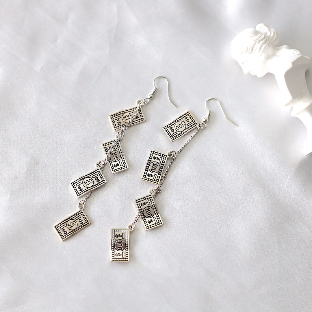 Money Earrings Dollar Earrings Bill Earrings Silver Long Etsy