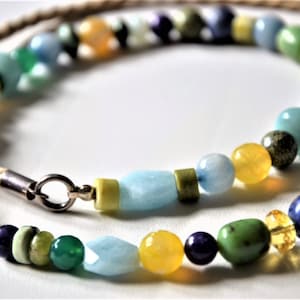 colorful multicolored multi gemstone multi stone necklace / sterling 925 silver /cotton cord / 77 cm/31,5&quot; / summer necklace