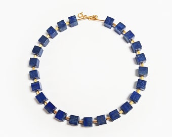 lapis lazuli 18K gold plated 925 silver necklace / length 44 cm / 17.3" / beads cubes: 10x10x10 mm / 0.39"x0.39"x0,39"