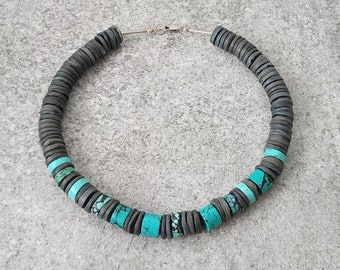 shell heishi turquoise 925 silver necklace / diameter of beads: 14 mm/0.55"