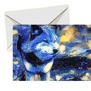 Tarjeta de felicitación imprimible, descarga digital instantánea, Lobo 5x7, arte estilo Van Gogh