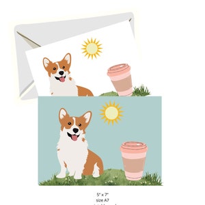 Printable greeting card, instant digital download, 5x7 Corgi and coffee card