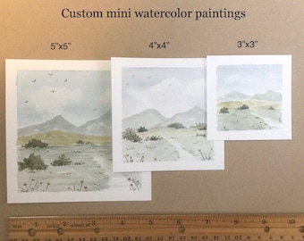 Custom mini watercolor landscape painting, original hand painted artwork