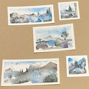 Collection of 5 mini watercolor landscape paintings, original hand painted