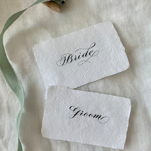 White Paper Calligraphy Place Cards | Deckle Edge, Dinner Name Tags | Elegant Table Escort Cards | Wedding & All Occasion Name Cards