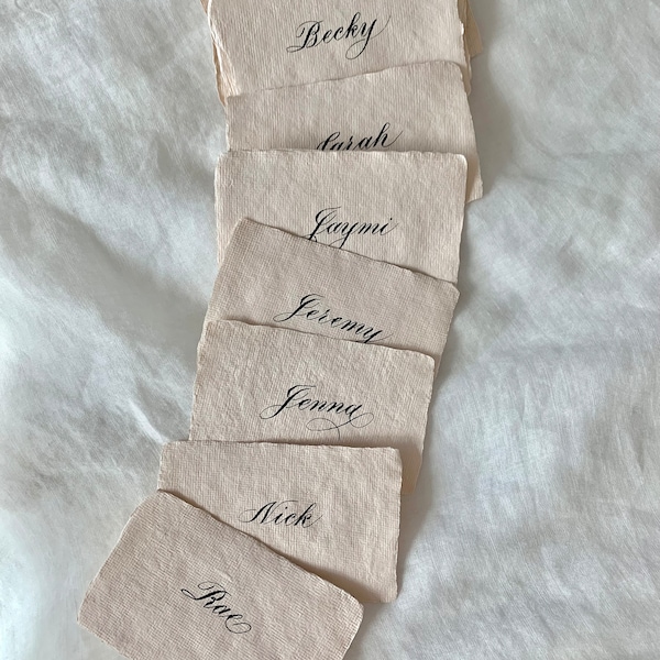 Light Peach Paper Name Card, Calligraphy Wedding Guest Card, Handmade Deckled Edge Cotton Paper