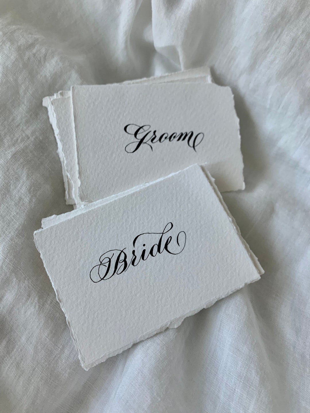 White Handwritten Wedding Place Cards on Handtorn Deckle Edge Etsy
