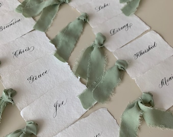 Calligraphy Wedding Place Cards | Deckle Edge Paper Sage Green Ribbon | Handwritten Guest Name Cards | Gift Tags