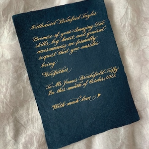 Navy Paper Calligraphy Quote, Handwritten Letters in Gold Ink, Custom Vows and Poems on Deckled Edge Cottpn Paper, Gift for Him and Her