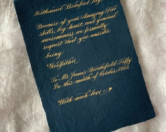 Navy Paper Calligraphy Quote, Handwritten Letters in Gold Ink, Custom Vows and Poems on Deckled Edge Cottpn Paper, Gift for Him and Her