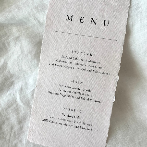 Menú de boda ruborizado: papel de algodón hecho a mano con bordes desbarbados