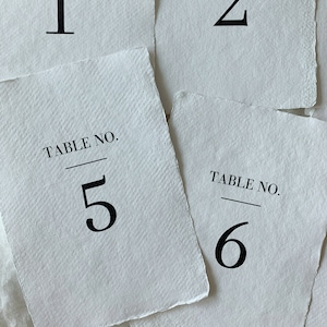 Peut inclure: Quatre cartes de numéro de table blanches avec du texte noir. Les cartes sont numérotées 1, 2, 5 et 6. Les cartes indiquent "Table No." au-dessus du numéro.