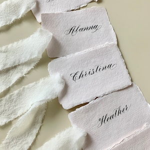 Blush Wedding Place Cards: Calligraphy Name Cards with Ivory Ribbon