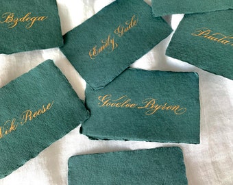 Dark Green Paper Name Card, Calligraphy Guest Tag, Deckled Edge Cotton Paper, Vintage Dinner Plate Card, Gold Ink Writing