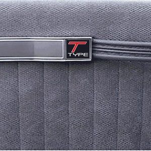 Puede incluir: Primer plano de un panel interior de coche gris. El panel tiene un patrón texturizado con nervaduras verticales. Una moldura plateada recorre el panel horizontalmente, con un emblema "T TYPE" en rojo y blanco.