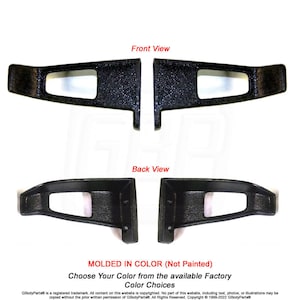 Puede incluir: Cuatro piezas de moldura interior automotriz negras y texturizadas, mostradas desde la vista frontal y trasera. Los textos "Front View" y "Back View" están encima de las piezas. También se ve el texto "MOLDED IN COLOR (Not Painted)" y "Choose Your Color from the available Factory Color Choices".